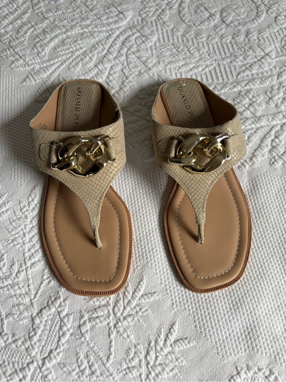 Donald J. Pliner Beige Thong Sandals with Gold Chain Accent